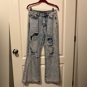 Distressed Acid Wash Flare Jeans - Size Medium